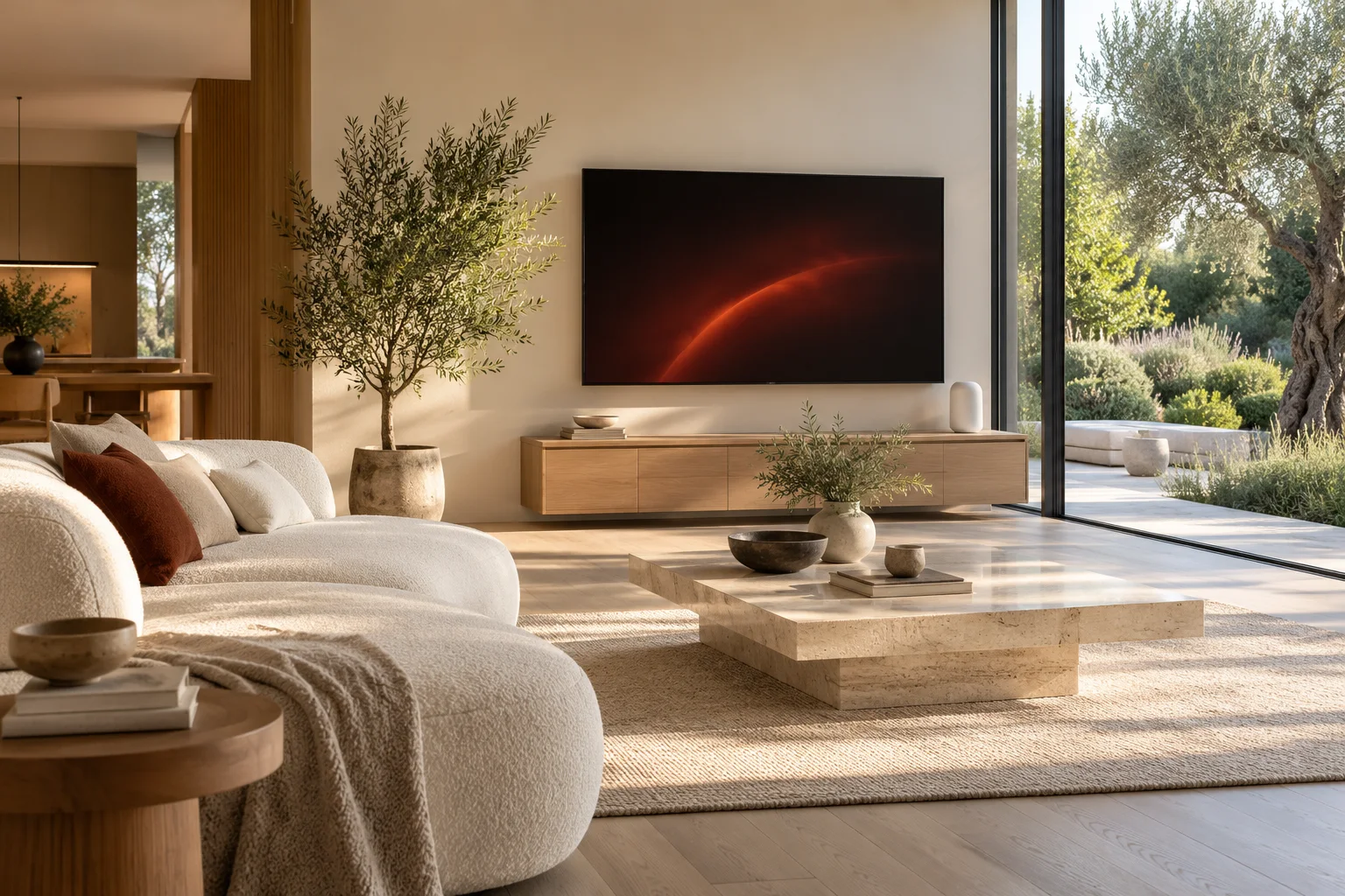 Illustration eines modernen Wohnzimmers mit Fernseher und WLAN-Verbindung